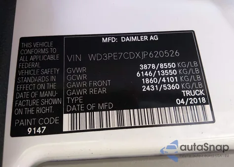 2018 Mercedes-Benz Sprinter 2500 Standard Roof V6 from USA, damaged, VIN WD3PE7CDXJP620526